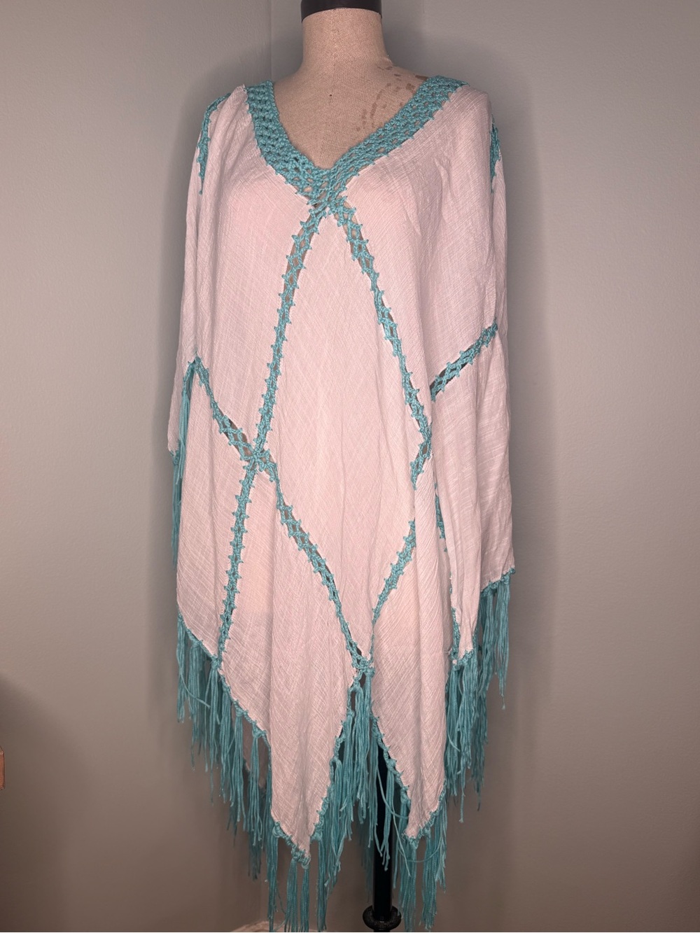 MT Collection Crochet Fringe Poncho Top – One Size, Turquoise & White